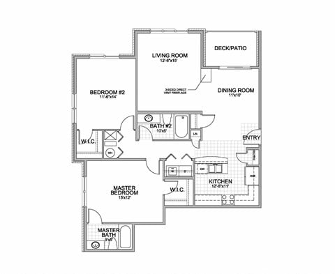 Floor plan for 2 beds, 2 baths, 1243 sqft